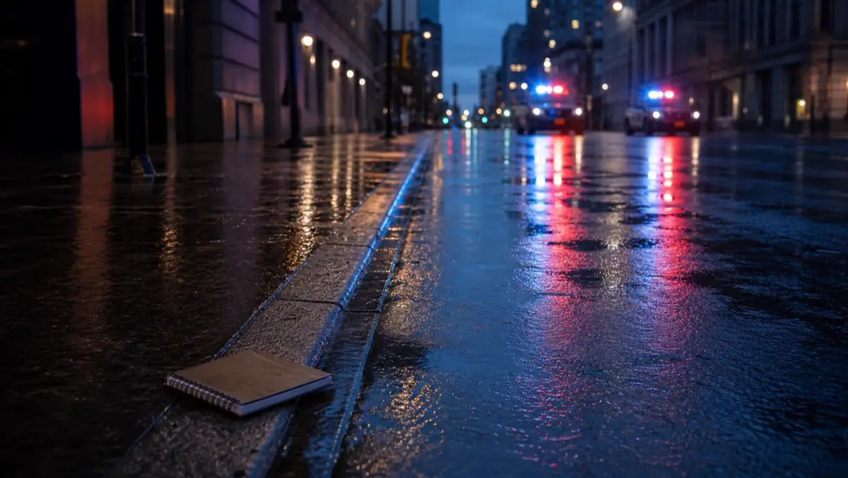 Emergency lights reflected on a rainy city street
