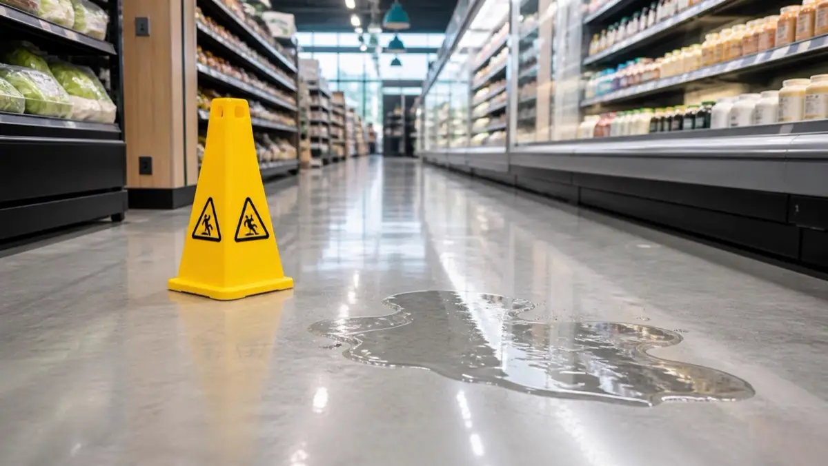 Wet floor warning cone beside a spill in a supermarket aisle
