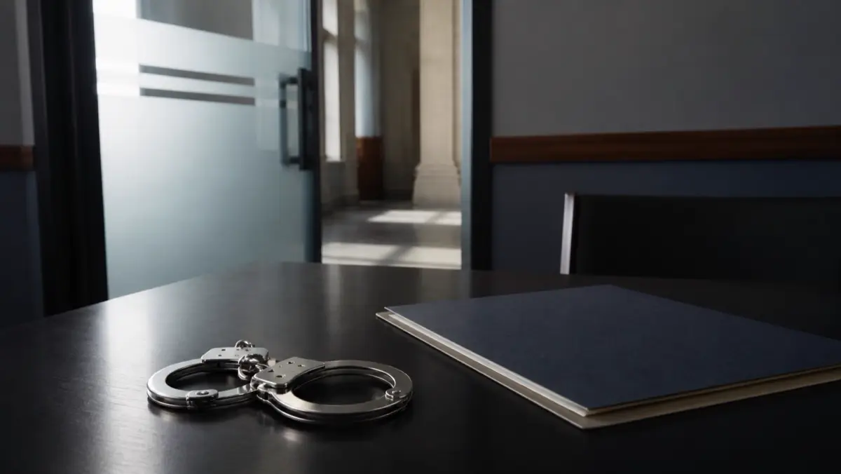 Handcuffs and a legal folder in a courthouse consultation room